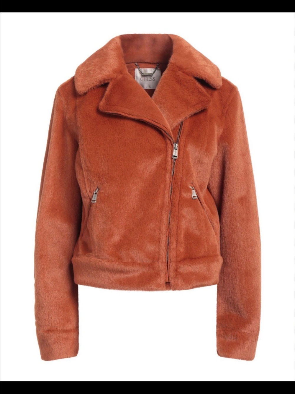 Guess faux fur orange cinnamon zip up jacket size M